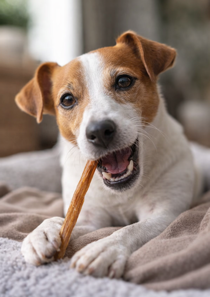 Jack Russell enjoying Bark Bites thin bully sticks