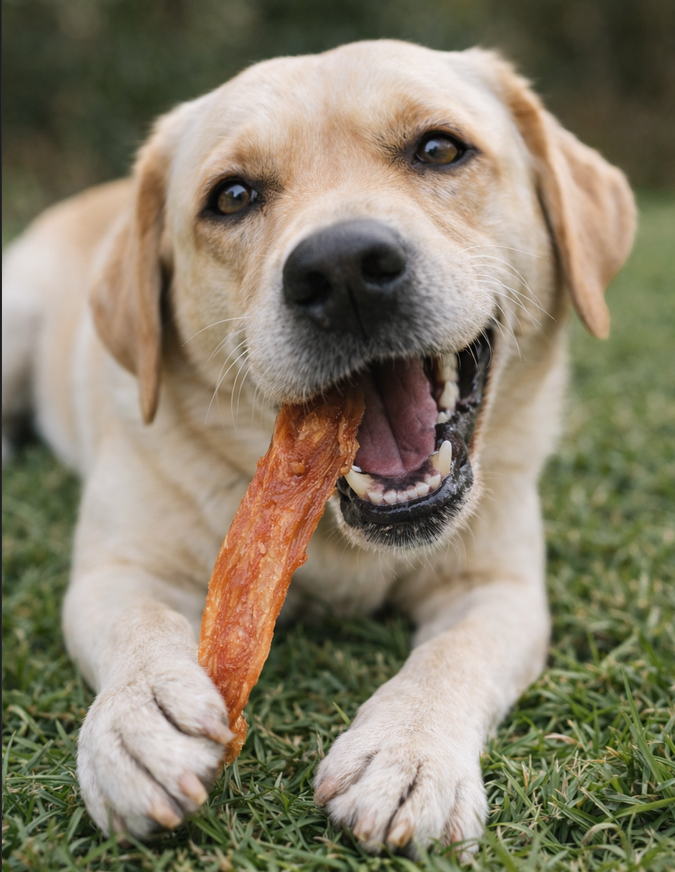 Labrador enjoying Bark Bites chicken breast jerky